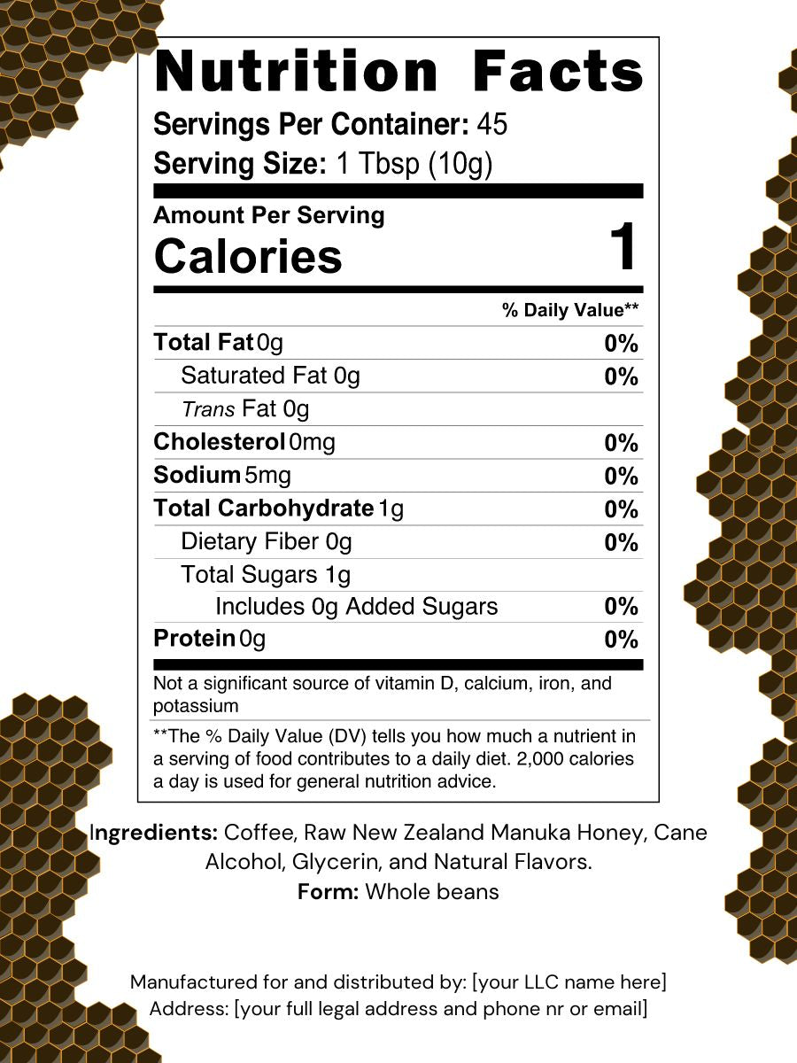 Close-up of Organic Manuka Honey Coffee Beans Nutition Label